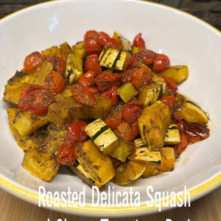Roasted Delicata Squash and Cherry Tomatoes Recipe in a bowl with title at the bottom - pinterest image