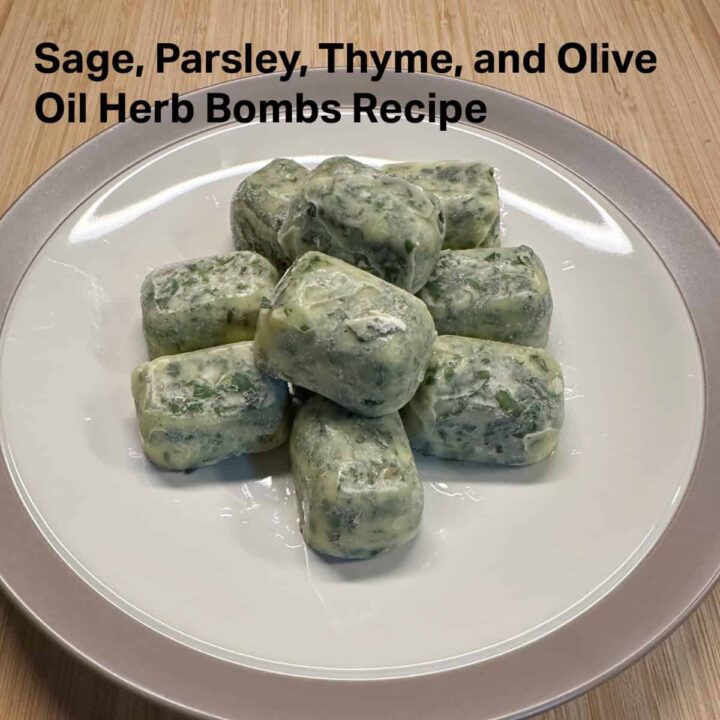 Sage Parsley Thyme and Olive Oil Herb Bomb Recipe on a plate with the title at the top center - square image