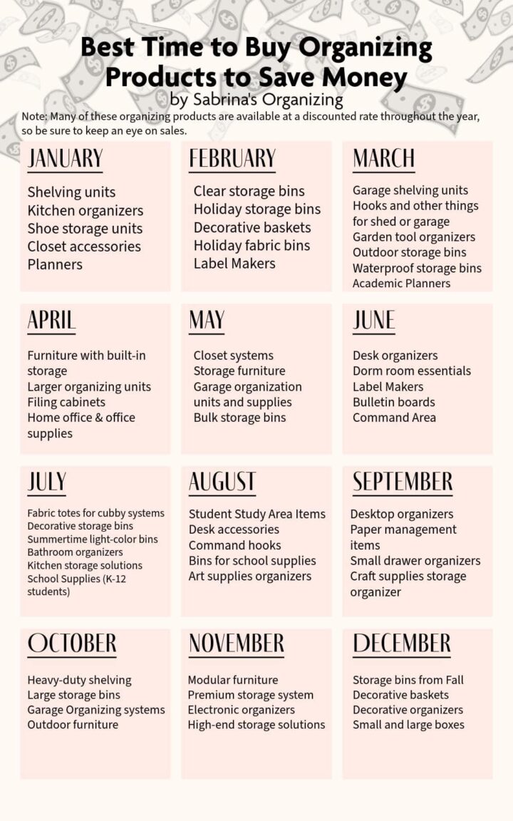 A calendar that lists each month and what organizing products are on sale those months - pinterest image size - title at the top center