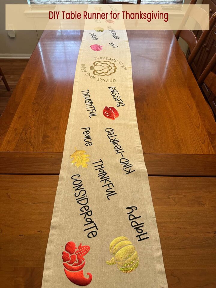 Completed runner for dining room table with title - at the top - pinterest image