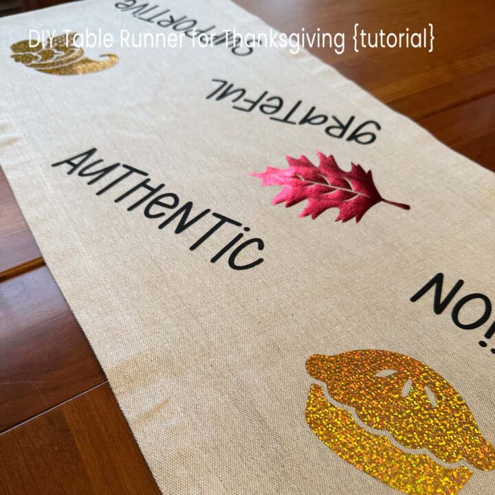 square image - finished runner - says authentic, grateful, supportive, has a pie, leaf, and cornucopia on the runner. with title of post at the top center