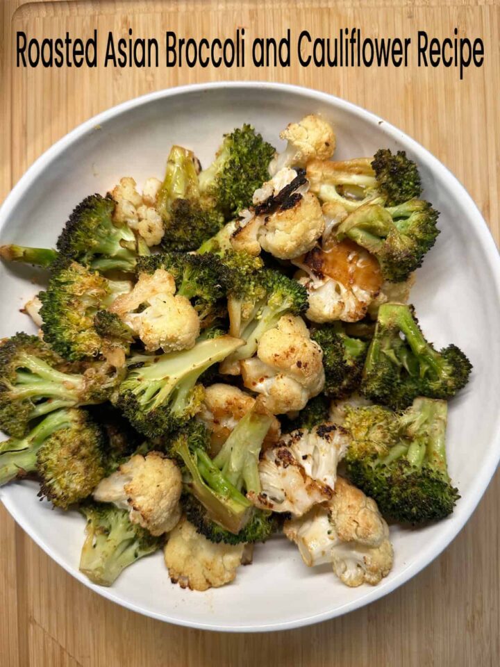 Broccoli and cauliflower in a bowl on a cutting board on pinterest size image with title of post at the top center