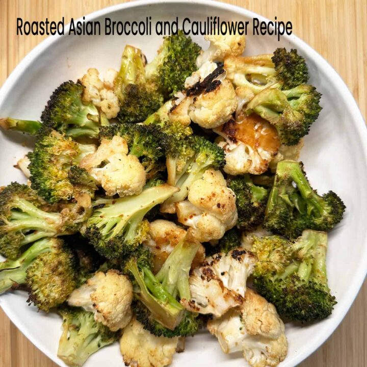Broccoli and cauliflower in a bowl on a cutting board on pinterest size image with title at top center
