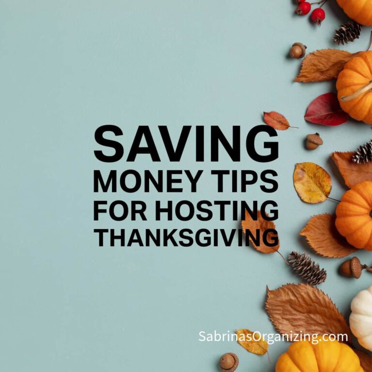 Saving Money Tips for Hosting Thanksgiving pumpkins on the right side of square image