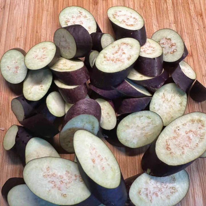 square image cut eggplant on the cutting board