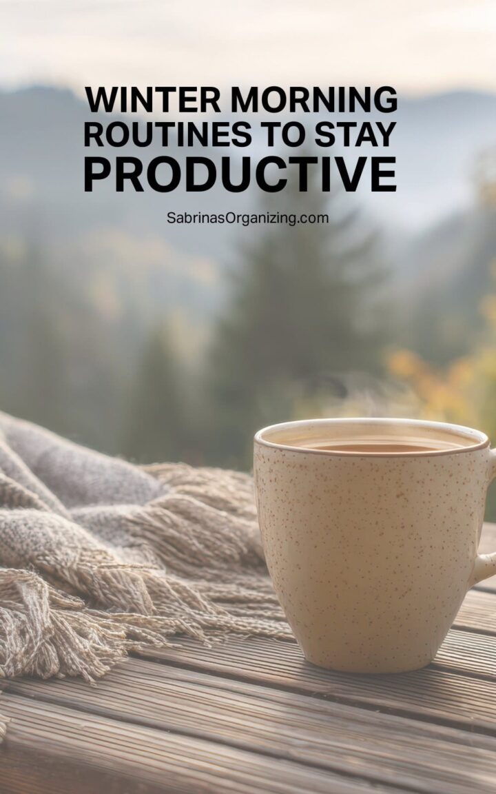 Title of post in the top center a coffee cup and blanket over looking the mountains and trees - pinterest image size