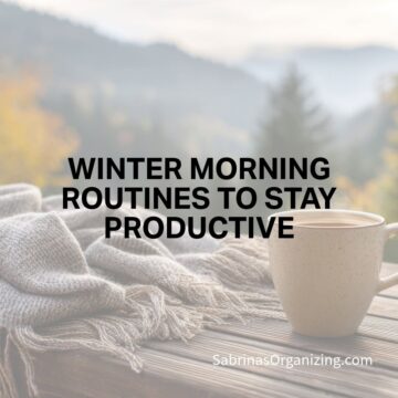 Title of post in the center a coffee cup and blanket over looking the mountains and trees - square image size