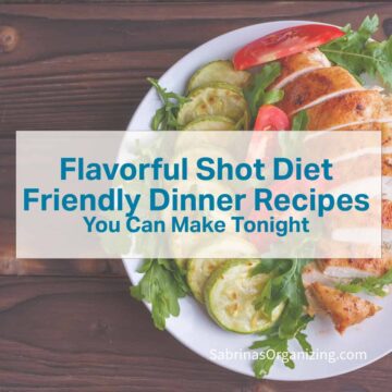 A plate of food in a square image - title of post in the center - with a transparent rectangular behind the title