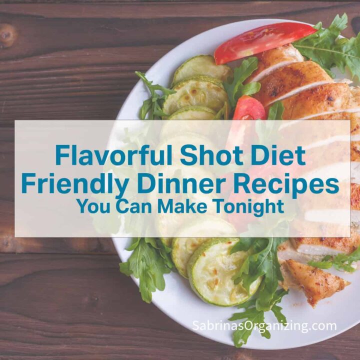 A plate of food in a square image - title of post in the center - with a transparent rectangular behind the title