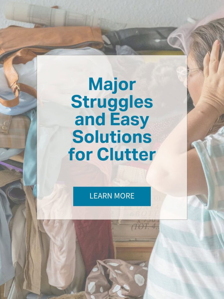a person holding her ears and looking at clutter - pinterest image - title in the center of image with a box around it. a learn more button at the bottom of the title.