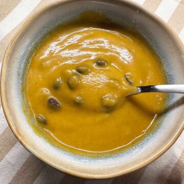 finished soup in a bowl - title at the top left - pinterest image