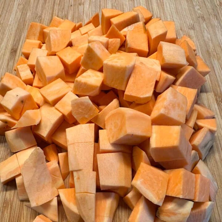 chopped yams on a cutting board - square image