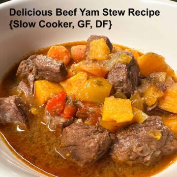 finished bowl of stew with title at the top - square image