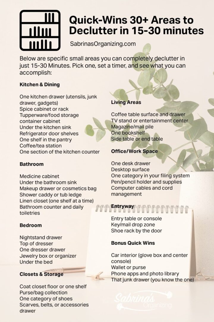 List of all the areas to declutter in 15-30 minutes - pinterest image size
