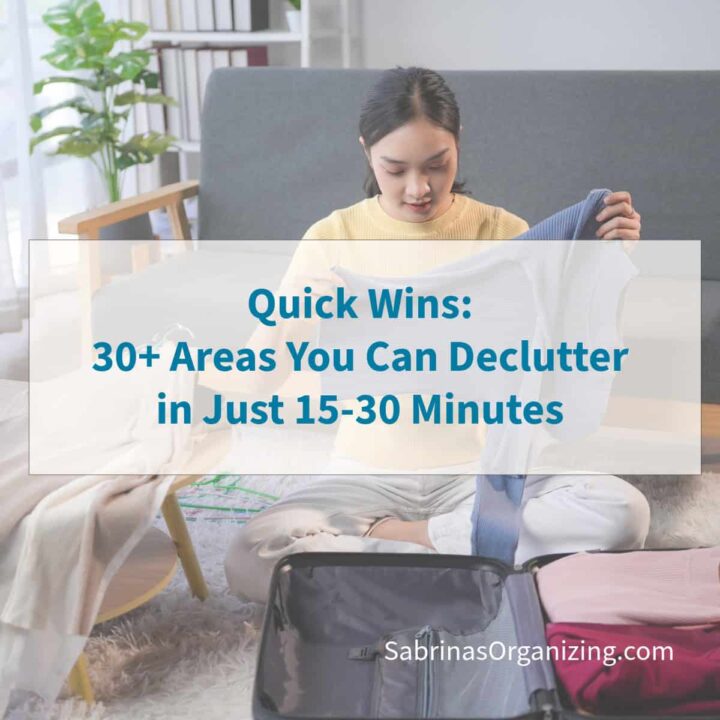 a person in the background organizing clothing in a bin - overlay of the title of the post in the center - square image