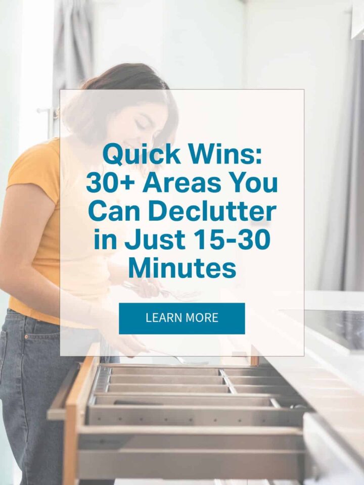 a overlay of the title of the post with a learn more button - pinterest size. a woman in the background organizing a drawer