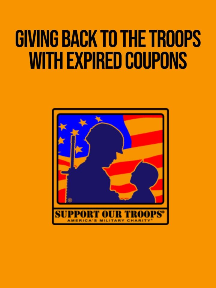 Support our troops logo with title of post at the top center - orange background - pinterest image