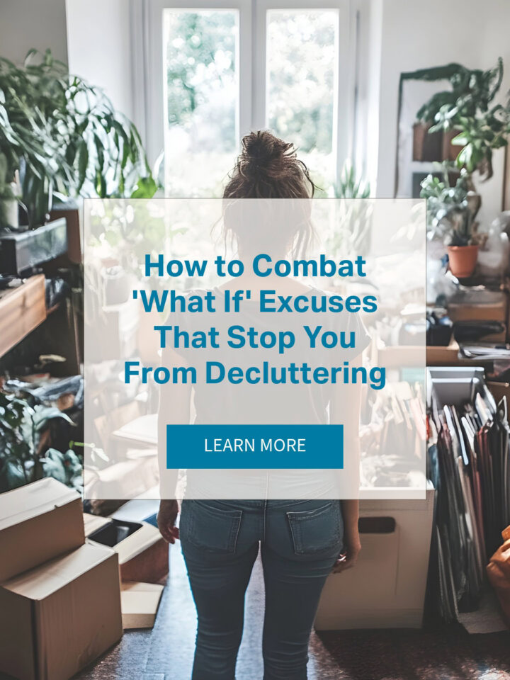 pinterest image size - title of post in the center and learn more button. a person looking at her clutter.