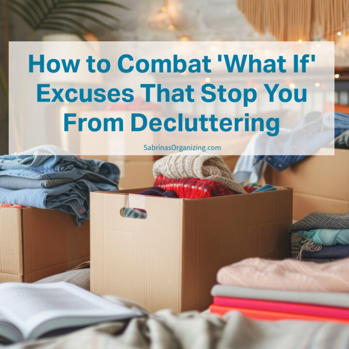 boxes of clothing on the bed - title at the top center in a rectangular box - square image