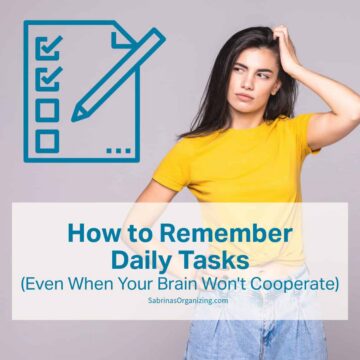 A person holding her head with a I can't remember look on her face - an image with a pencil and two checkboxes going down the page and the title of the post at the bottom center in a rectangle box - square image