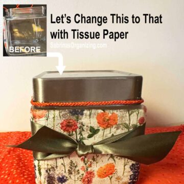 The before and after image with title lets change this to that with tissue paper - before image is at the top left corner and there is an arrow pointing to the updated mod podge finished jar and roped lid. - square size image