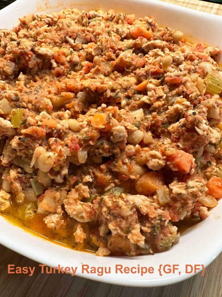 Turkey Ragu recipe in a platter pinterest image - title at the bottom of the image