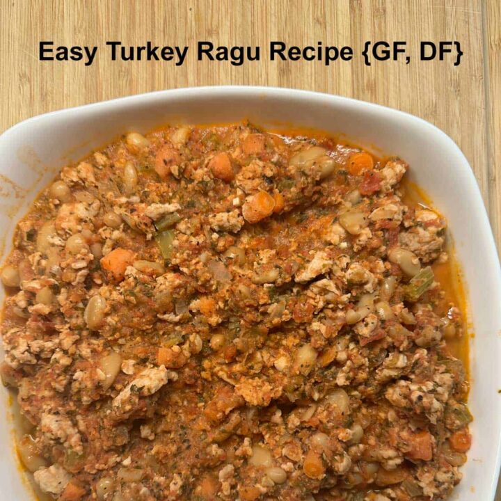 Turkey Ragu recipe in a platter square image - title at the top center