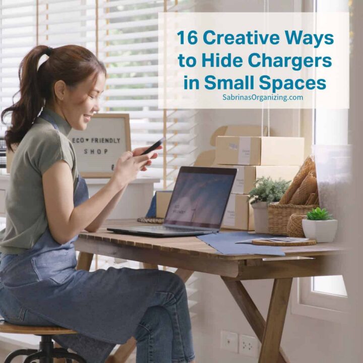 title in the right with a box around it, a girl on her phone at a desk - a button that says learn more - Square image