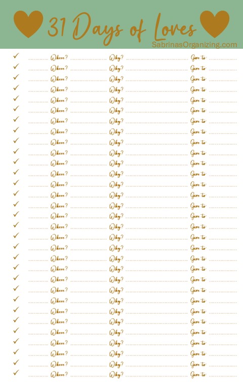 a sheet that shows what is described as page one on the post with the words 31 Days of Loves at the top - pinterest image size