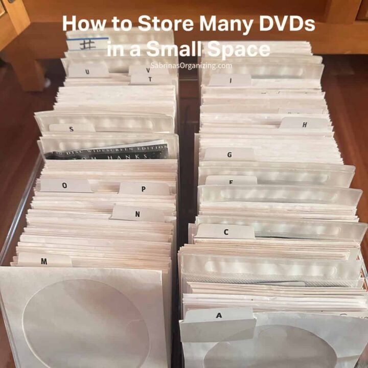 Bin with dvds in paper sleeves - square image - with how to store many dvds in small spaces at top.