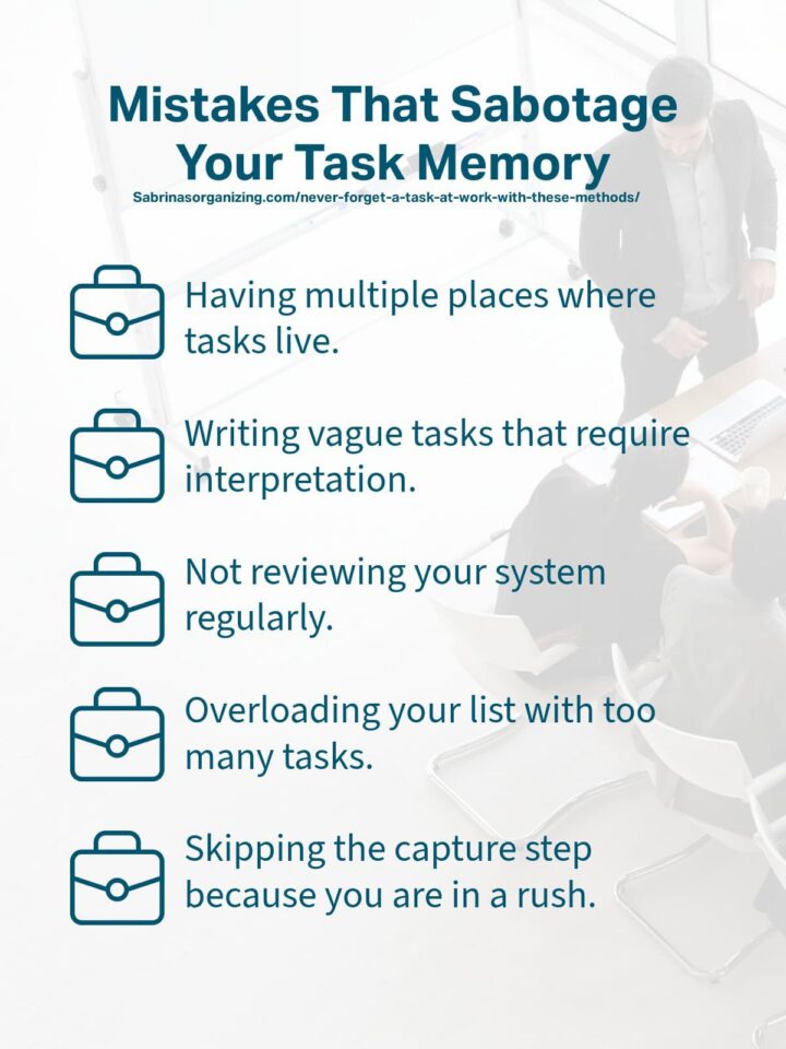 Mistakes that sabotage your task memory list from the post - with briefcases next to each header from the post - Pinterest image