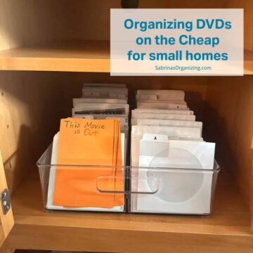 bin with dvds in them in a cabinet - title of post at the top right corner in a transparent rectangle - square image