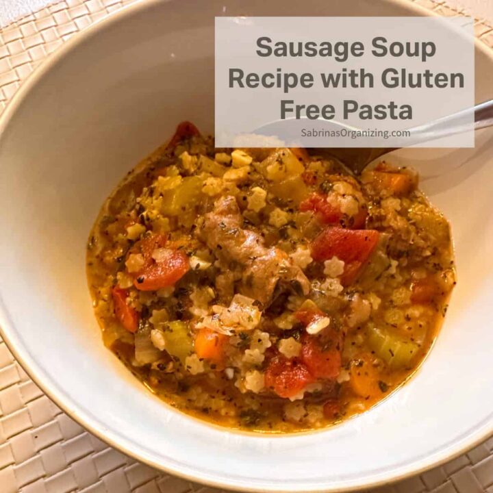 Square image - soup in a bowl with a spoon - and the title rectangular right corner