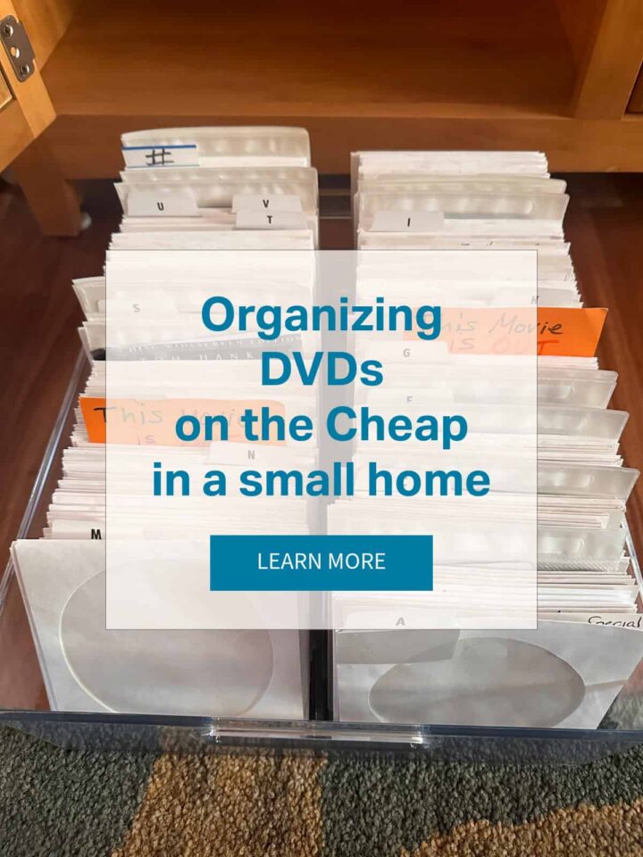 bin with dvds in them in a cabinet - title of post at the center in a transparent rectangle - pinterest image
