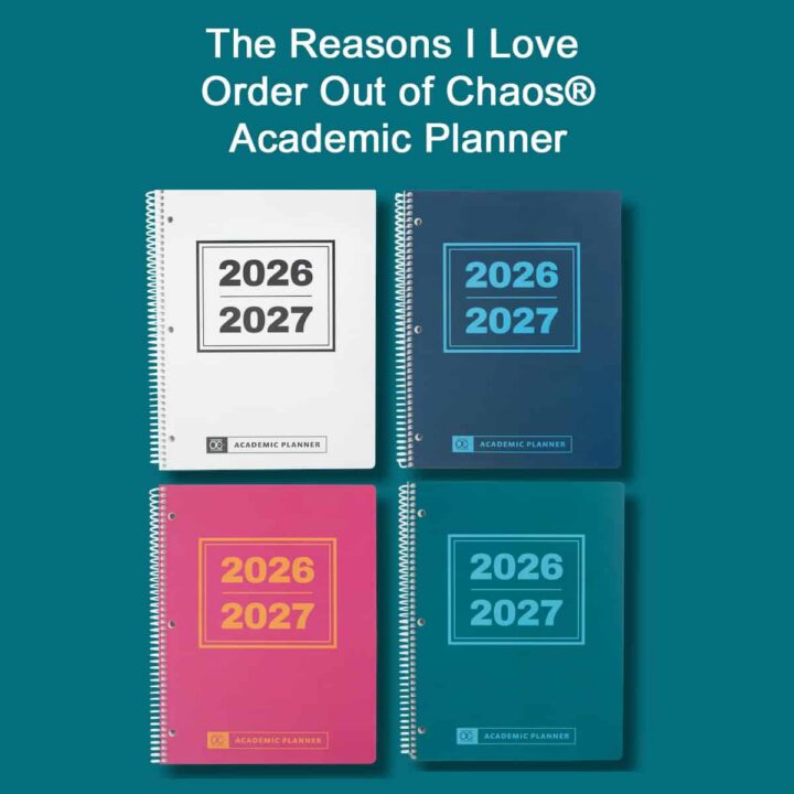 image for The Reasons I love order out of chaos academic planner - with the image of 4 planners at the top - dated 2026-2027 - Square image