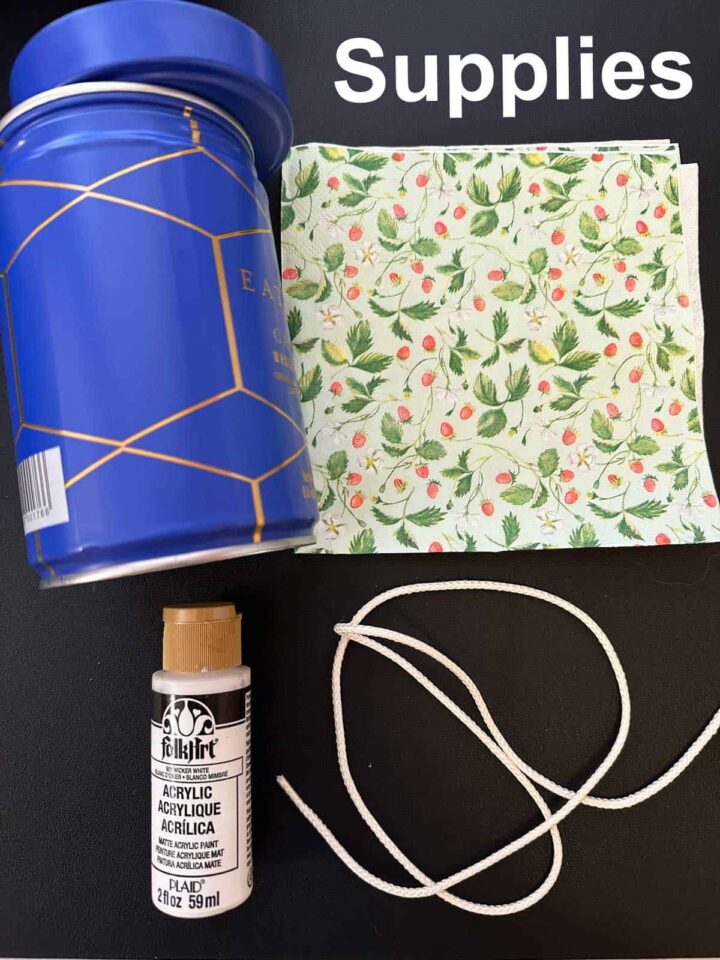 Coffee can - decorative napkin used - white paint and rope - pinterest image size