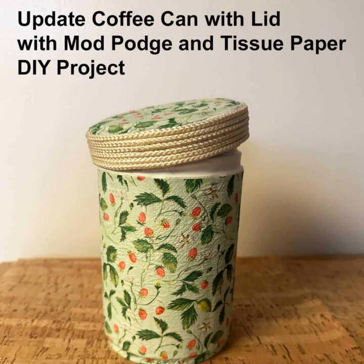 Title of post at the top of the image - finished coffee can and lid angled on a cork bottom - square image