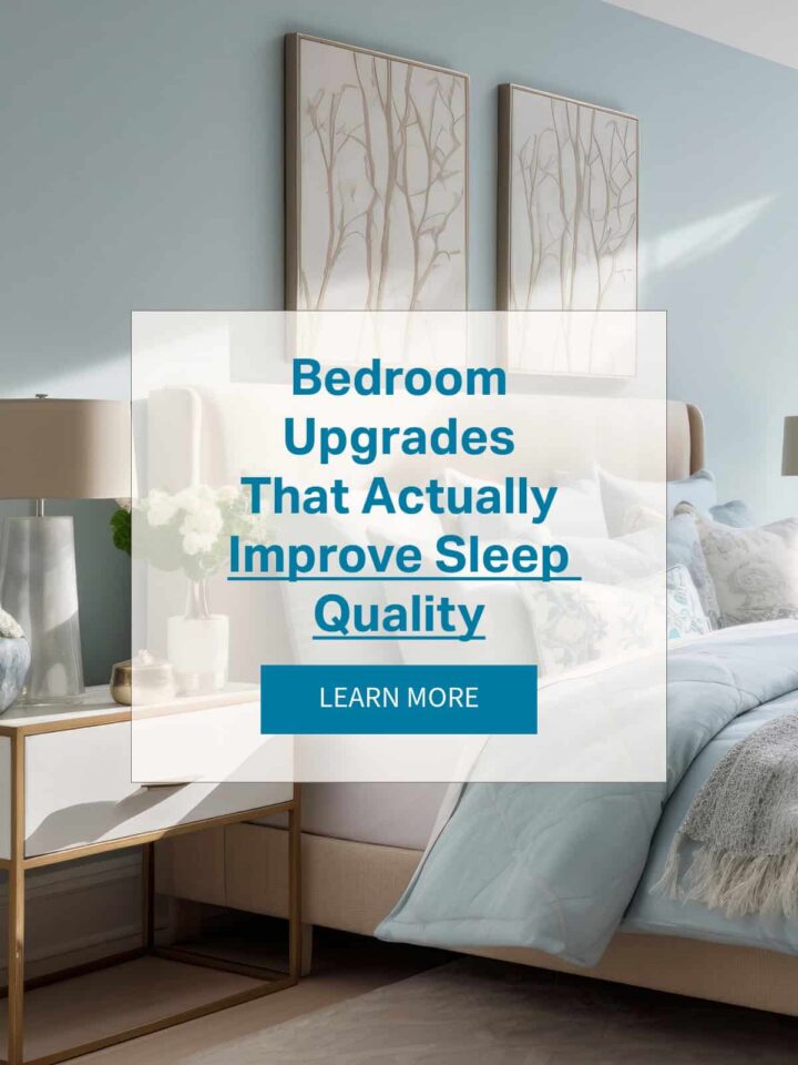 pinterest image - title in the center - with a learn more button - background has the bed in the background