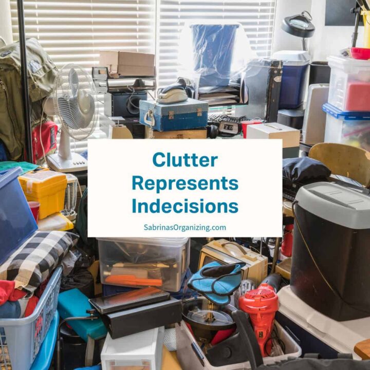 cluttered room filled with stuff - square image - title of post in the center square image