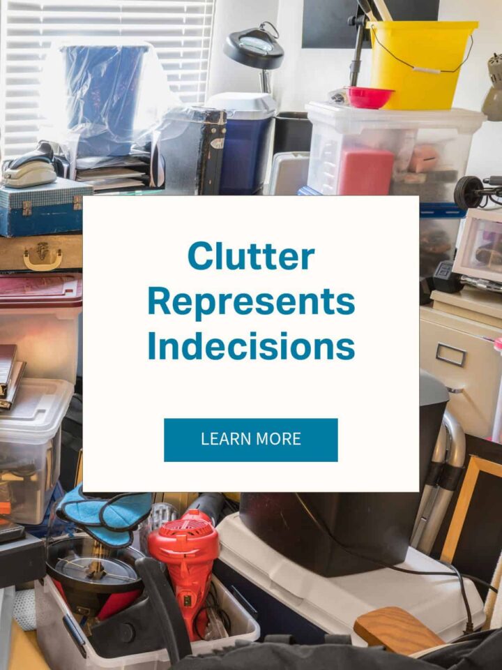 cluttered room and the title of post in the square with a learn more button in the center - pinterest size image