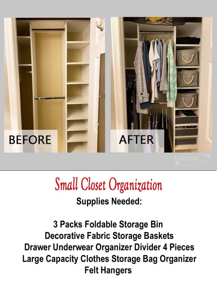 A before and after picture of my small closet and the title Small Closet Organization and the list of supplies needed - pinterest image