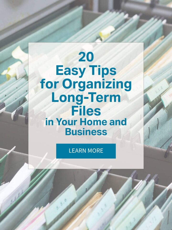 filing cabinet drawers open with files in them - the post title is in the center - pinterest image