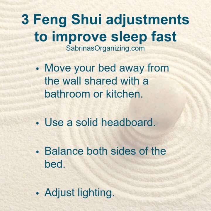 square image - 3 Fengshui adjustment to improve sleep fast - title at the top and the list from the post.