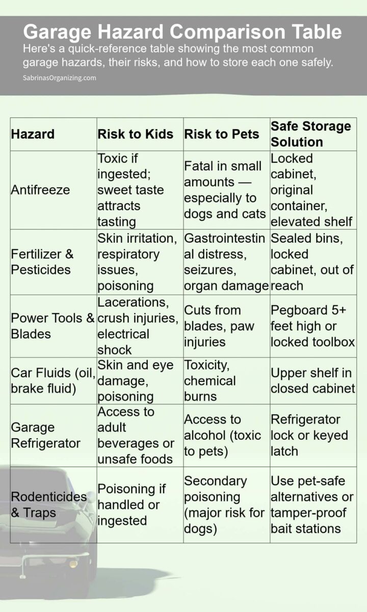 A table with all the different hazards in the garage - pinterest image size - title at the top
