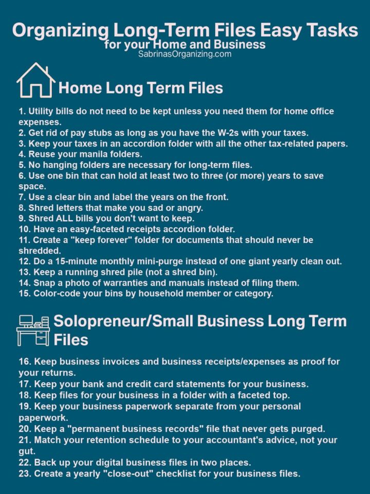 A list of all the tasks to do to organize the long term papers for home and business - pinterest image