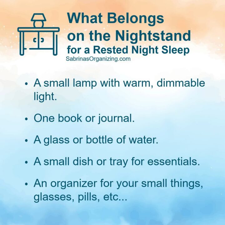 square image - What Belongs on the Nightstand for a Rested Night Sleep at the top - list from the post