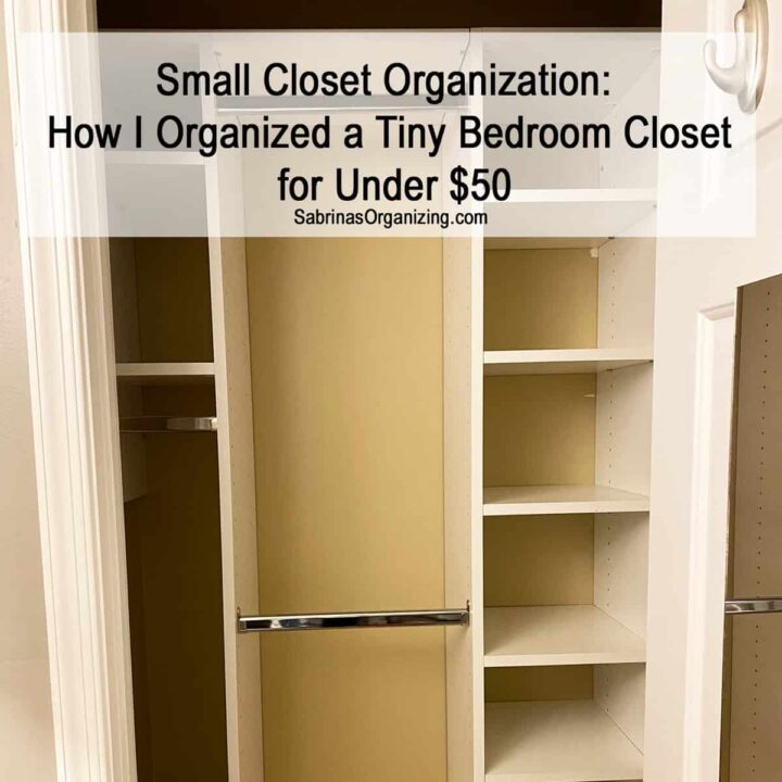 Before small closet empty - title of the post is at the top center in a transparent box - square image