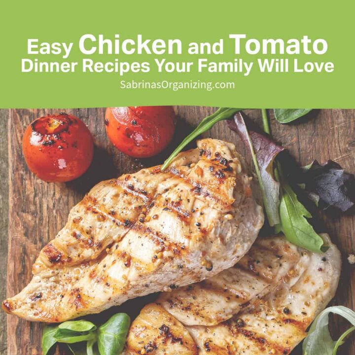 Chicken breast grilled and tomatoes - title of the post at the top center - square image