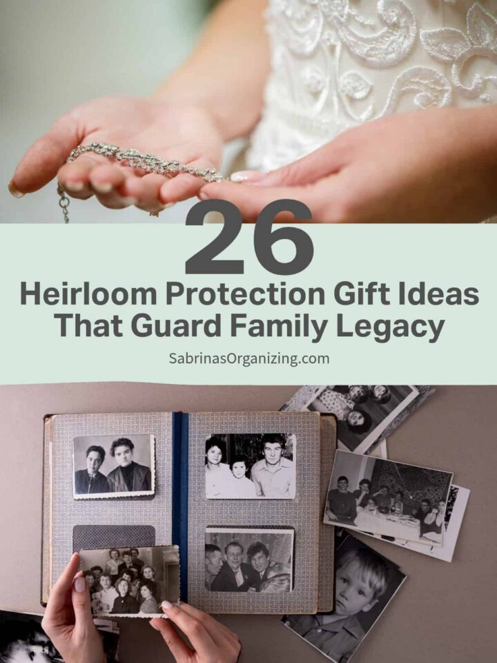 photos in a scrapbook bottom image - necklace in the hands of a child - top image - title in the center of the post - pinterest image