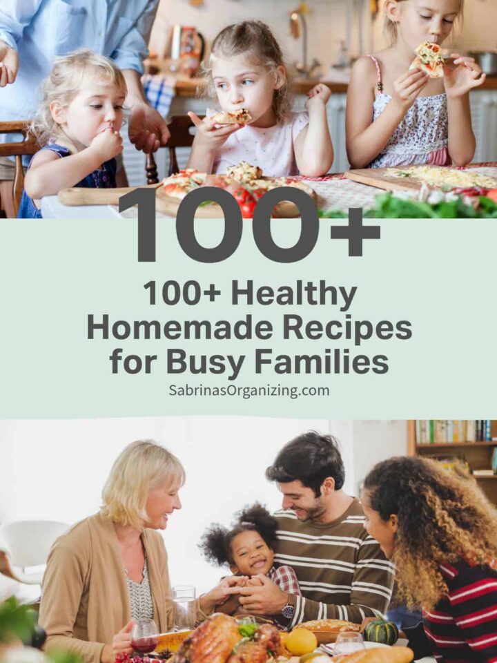 Title at the center ( 100+ Healthy Homemade Recipes for Busy Families) and kids and parents eating image on top and bottom of the image.